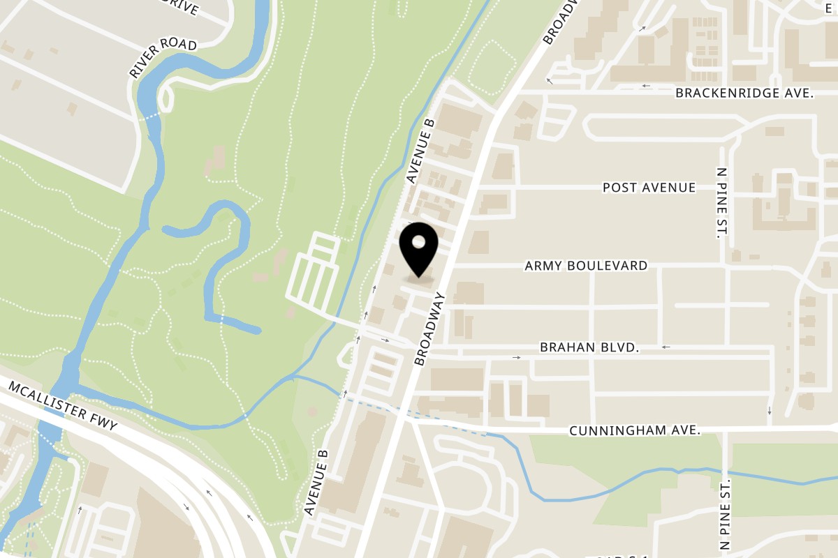 Map showing the location of Backyard on Broadway on 2411 Broadway St in San Antonio
